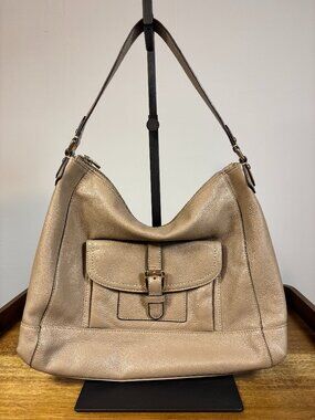 Coach Charlie Taupe Gray Pebbled Leather Hobo Shoulder Bag